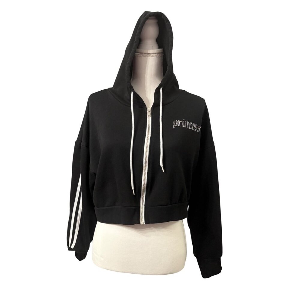Rue21 Y2K Black Cropped "Princess" Hoodie Modern Streetwear Junior XL - Picture 5 of 14